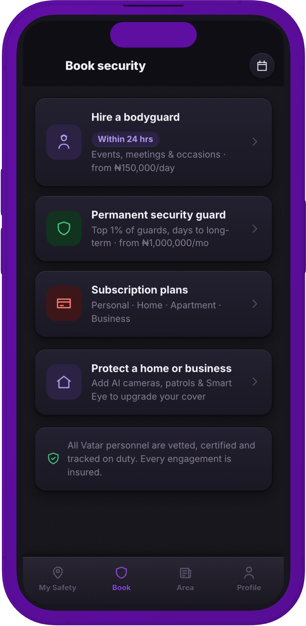 Booking security on a phone: bodyguards, guards and patrols