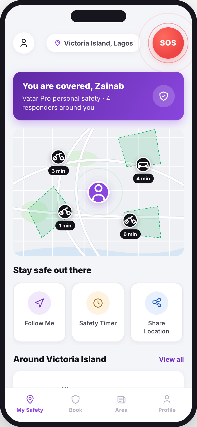 The Vatar app's personal safety home - hold-for-SOS button, live map of responders around you with ETAs, Follow Me and safety timer actions