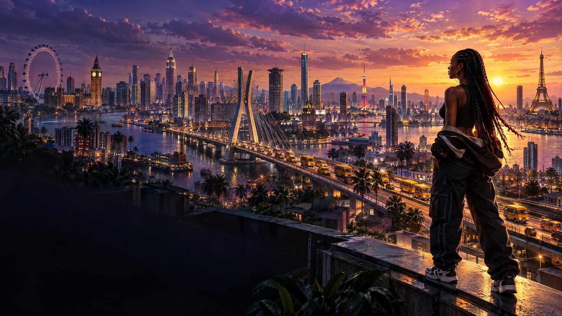 A young woman on a rooftop looks out over a skyline where Lagos merges with cities around the world