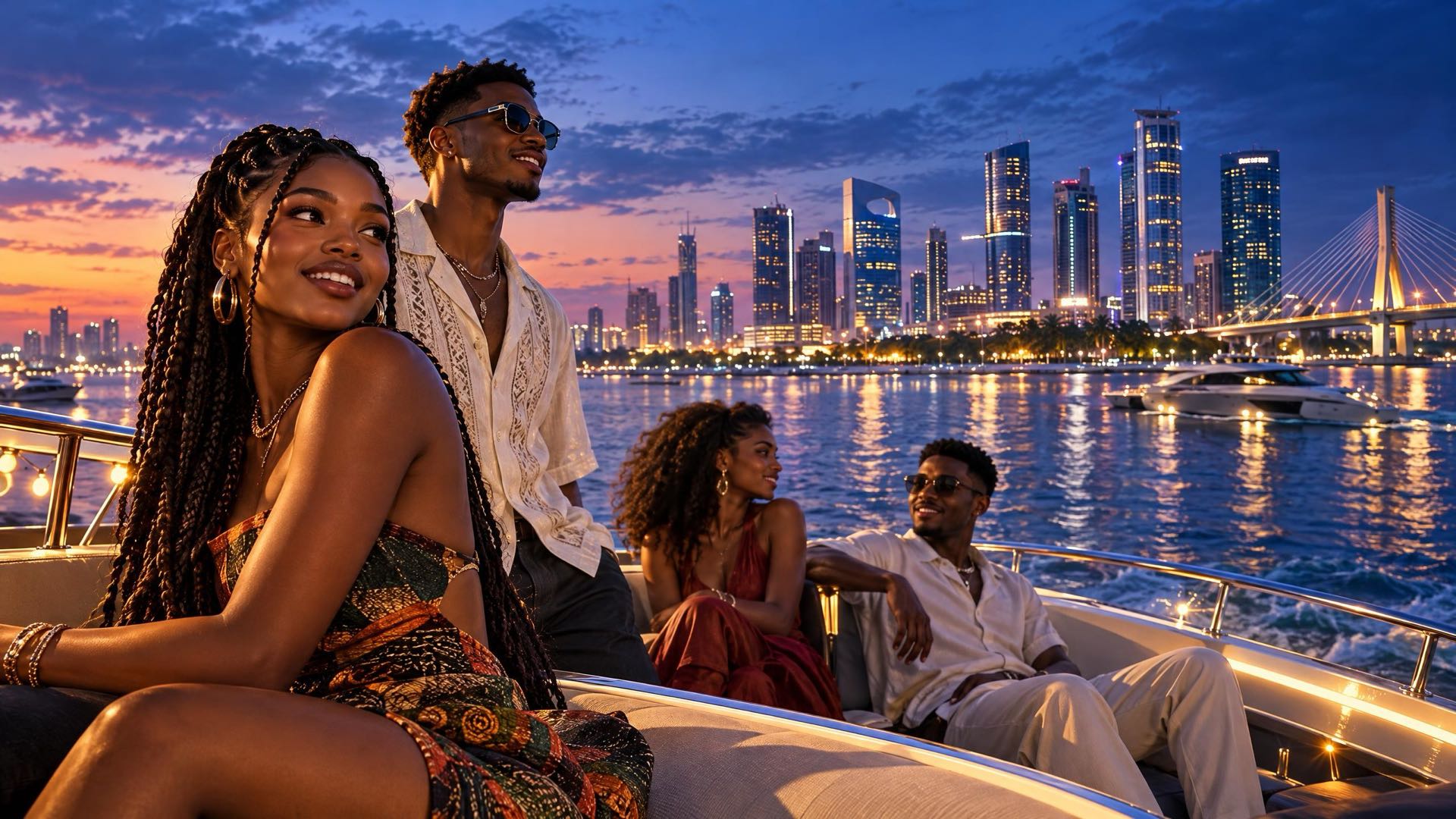 Friends on a boat in front of a city skyline at night
