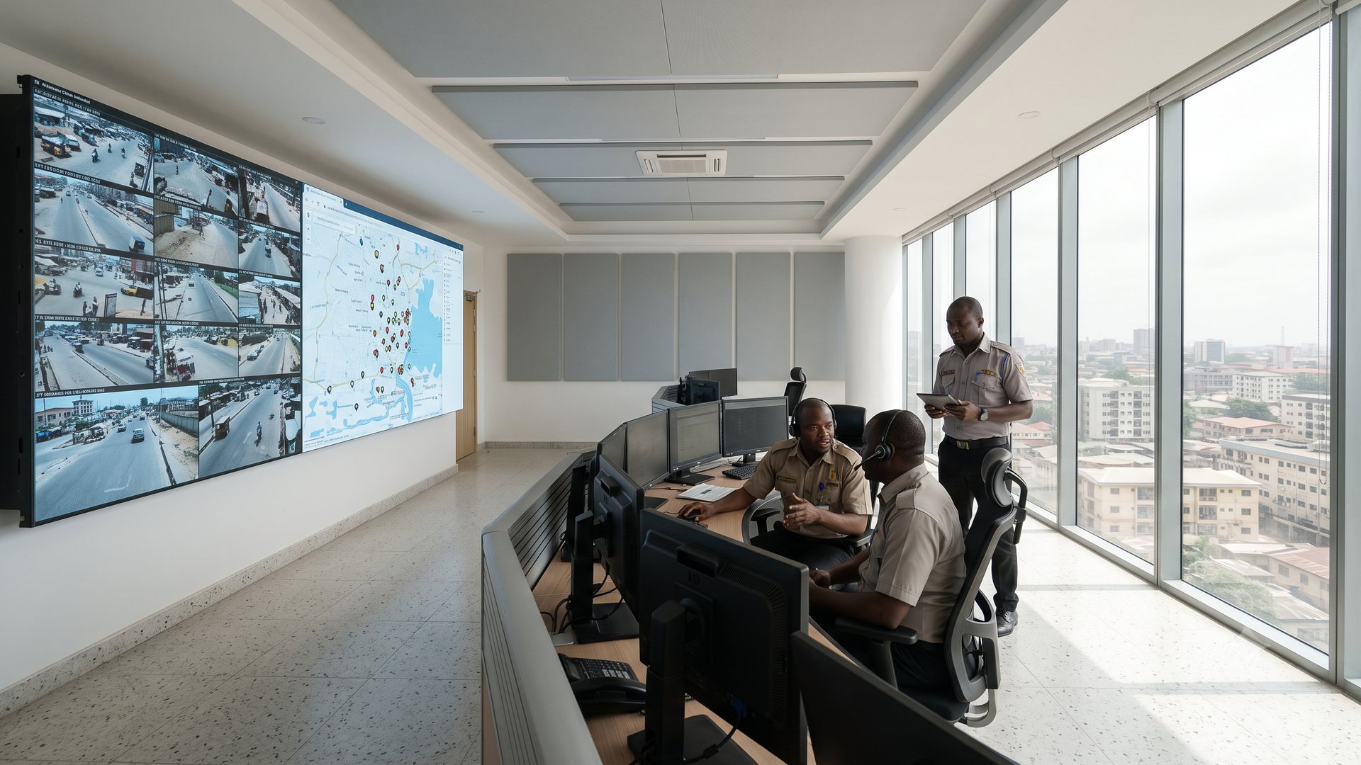 A daylit state emergency operations centre: a video wall of street camera feeds beside a city incident map, operators at a console, a Nigerian city through the glazed wall