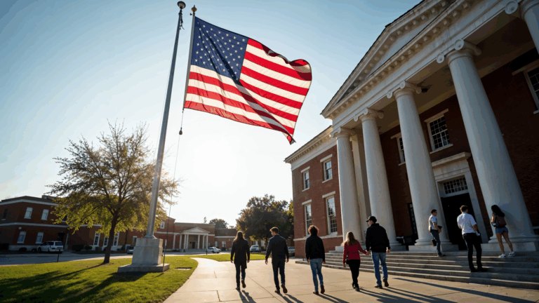 Students walking up the path towards a red brick school building with white columns, a flag on a pole beside them in morning sun